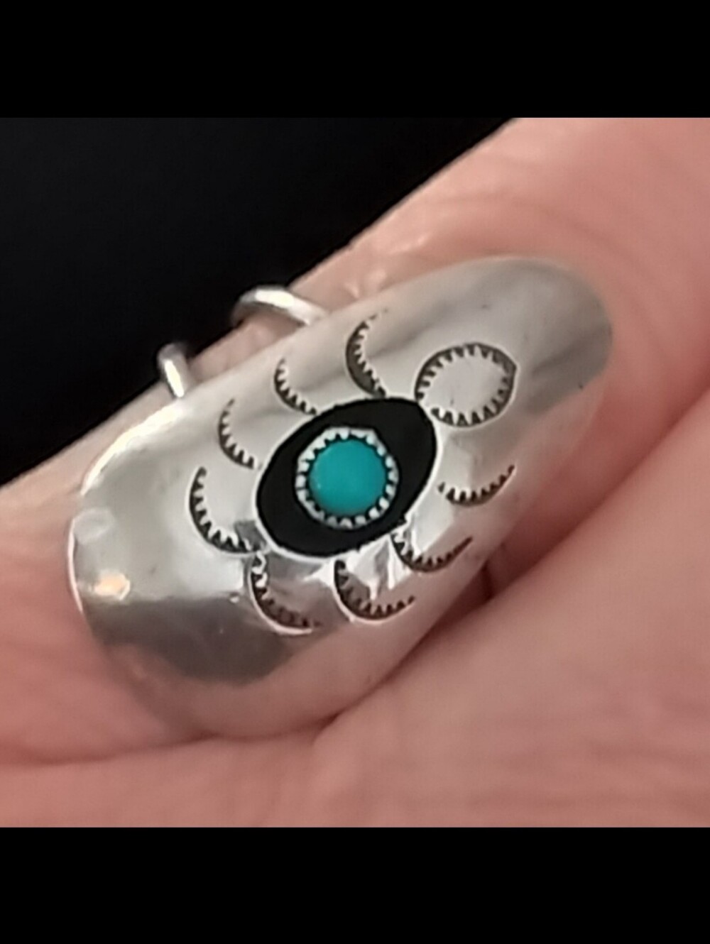 Native American Sterling Silver Turquoise Turtle Shadow Box Ring, Sz 6